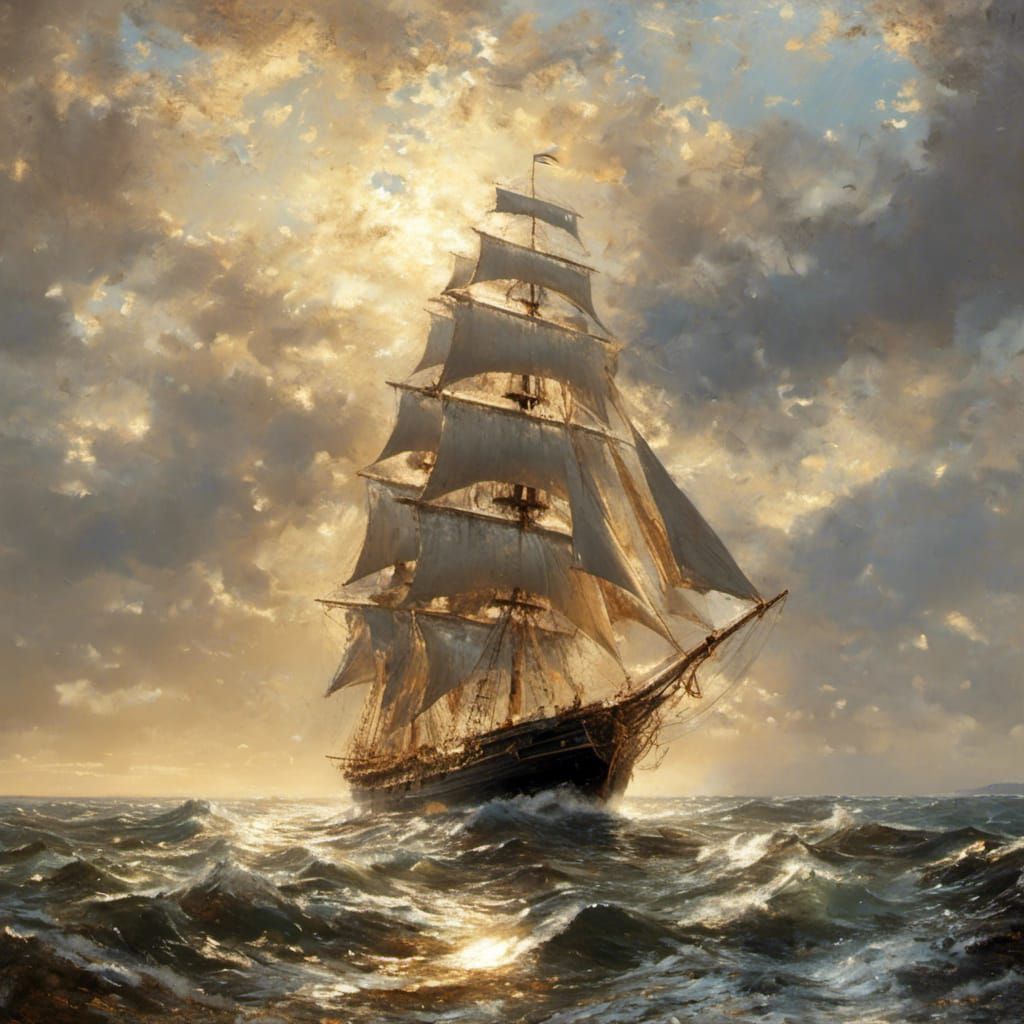 Schooner Sailing at Sea in Exquisite Painting Style