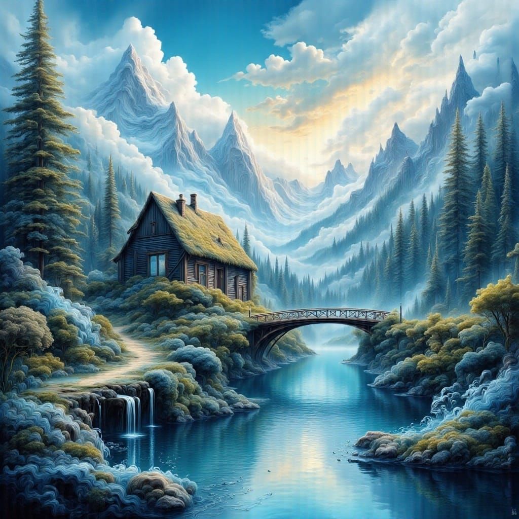 Fantasy Art: House on Bridge Over Blue River