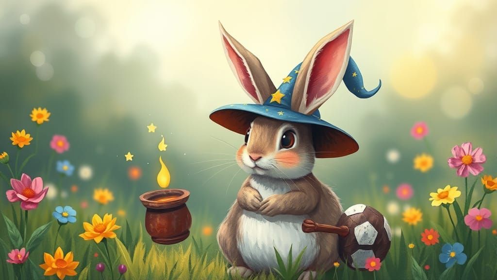 A rabbit wearing a tiny wizard hat