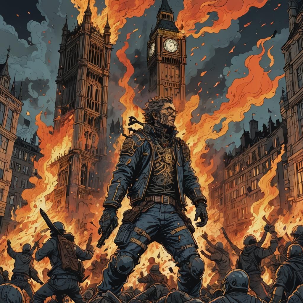 Fiery UK Riot Scene in Katsuya Terada Style