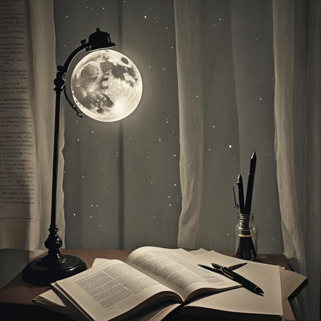 Night's Sadness: Moonlit Pen and Lamp