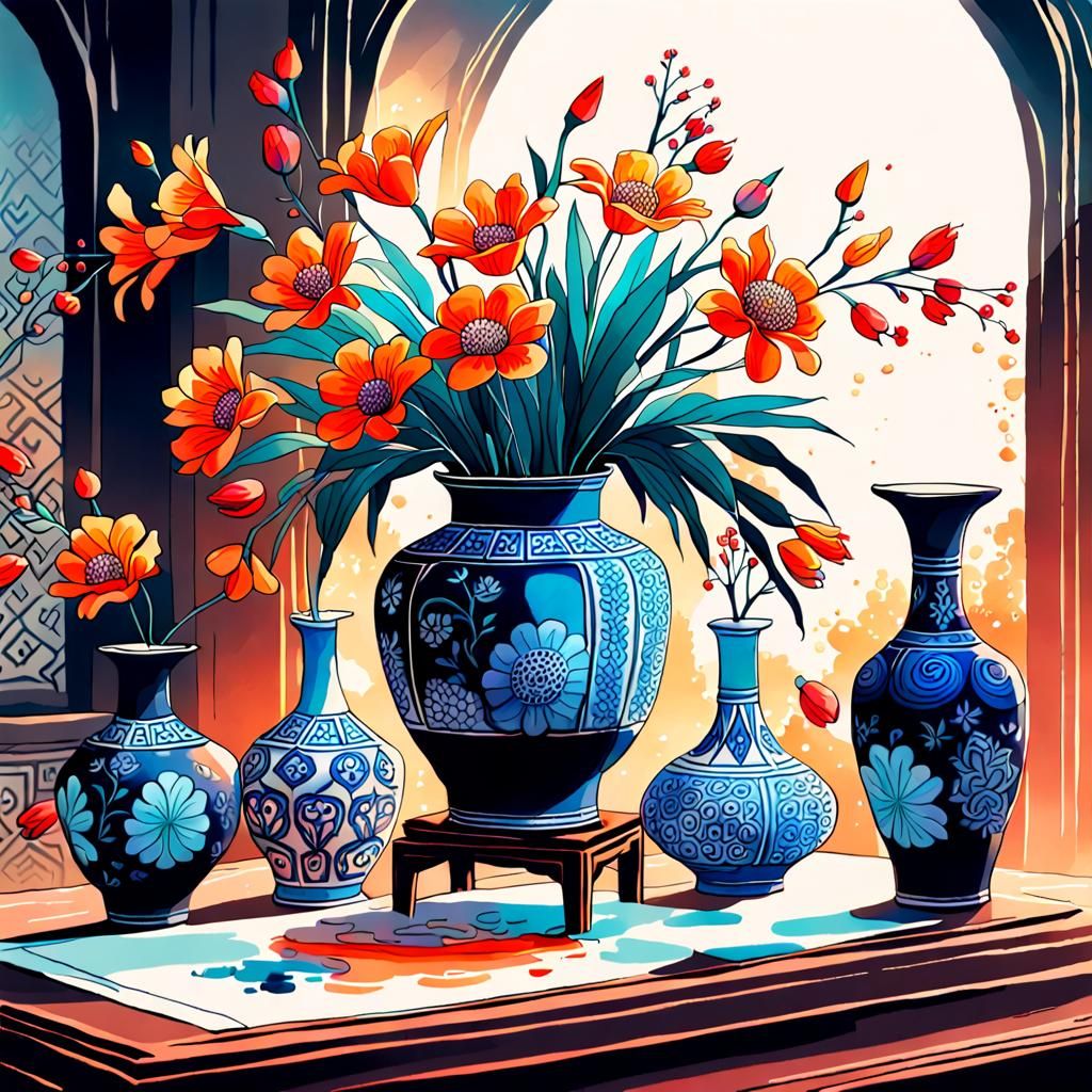 Watercolor Still Life in Oriental Folk Style