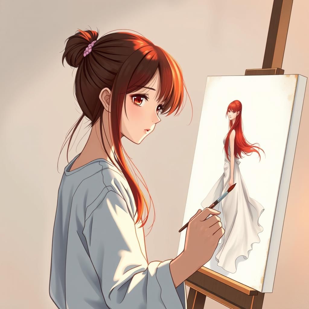 Girl Painting Portrait in Anime-Inspired Style