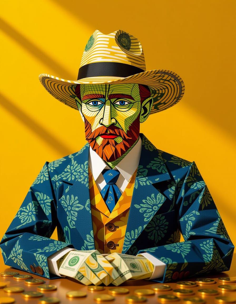 Origami Van Gogh from Dollar Bills in Textured Impasto Style