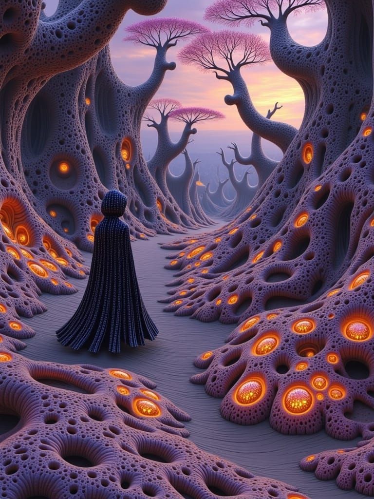 Enigmatic Figure Navigates Ethereal Alien Landscape