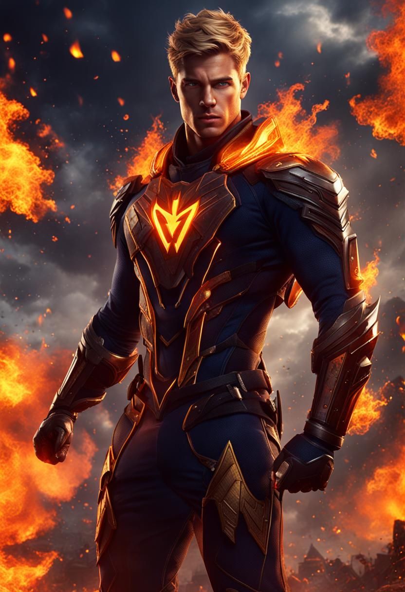 Fire Superhero Illustration in Detailed Matte Painting
