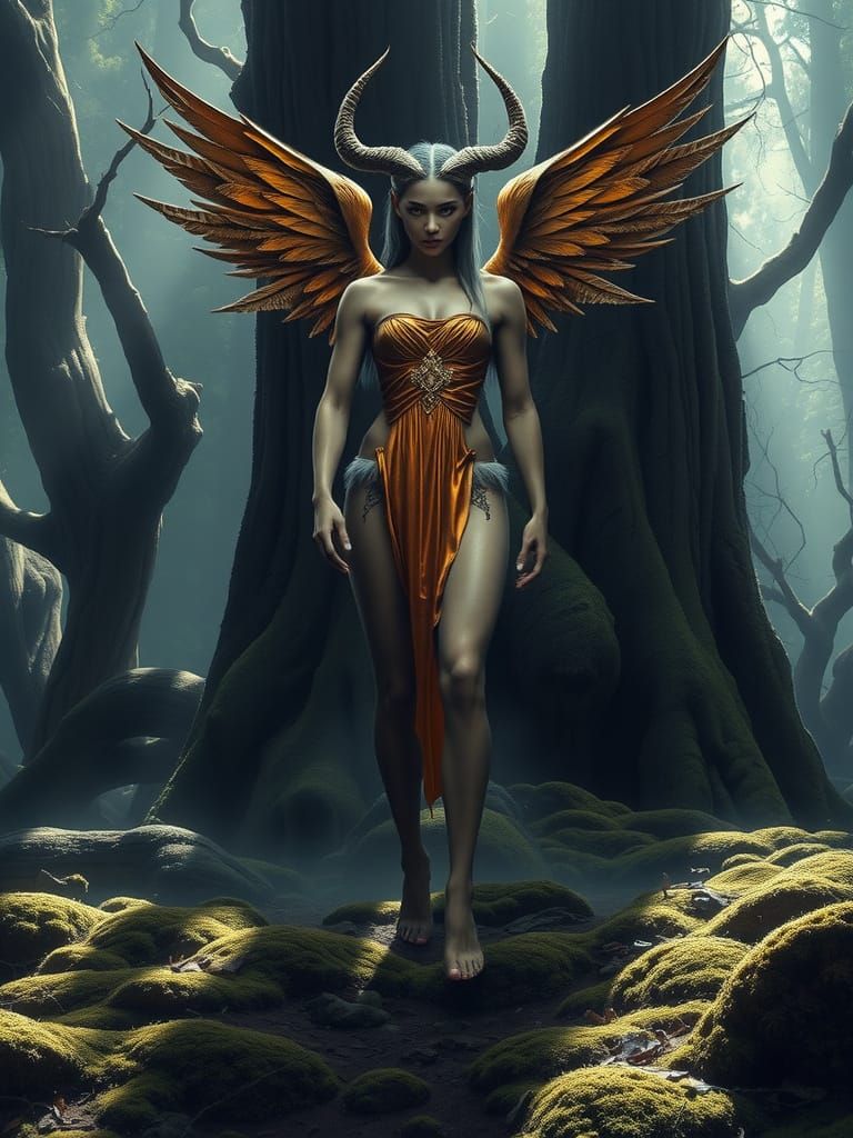 Dark Goddess with Wings and Hooves Emerges from Mystic Fores...
