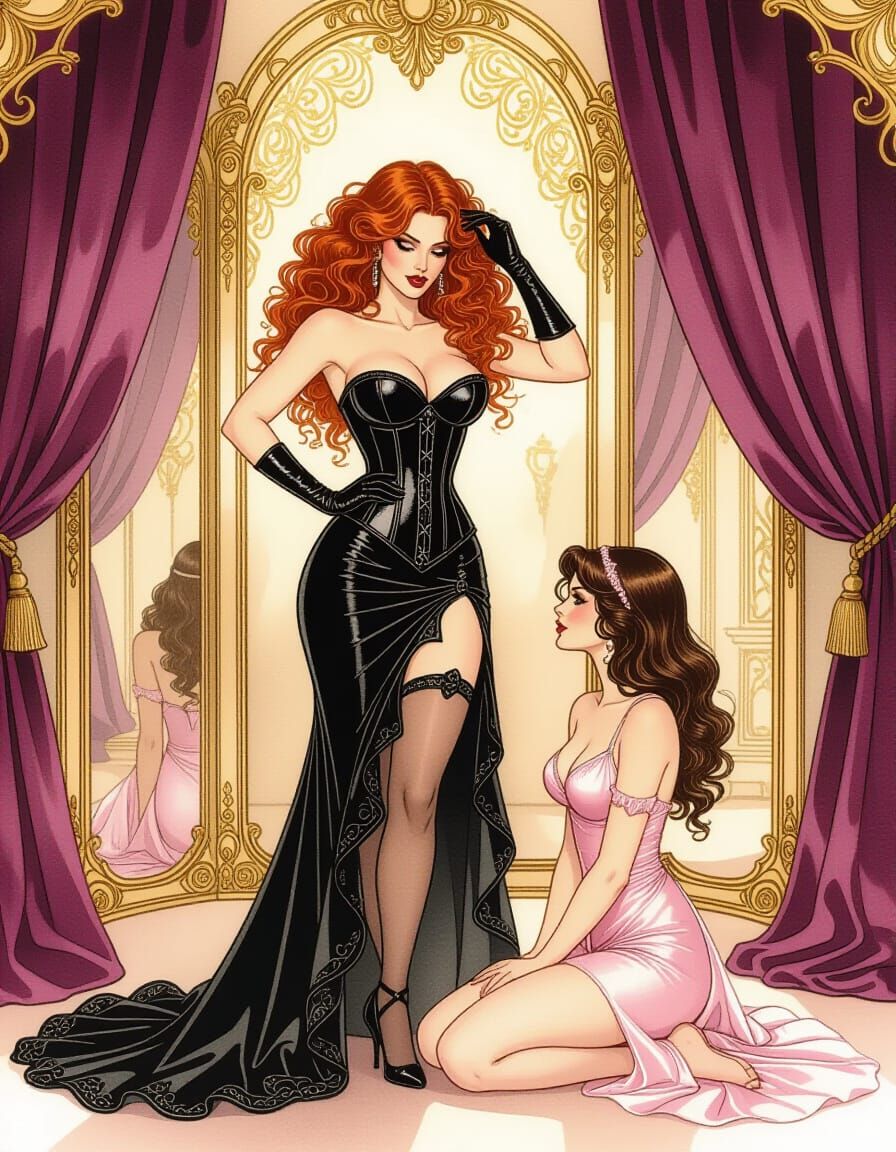 Domina in Art Nouveau Dressing Room, Watercolor Aesthetic