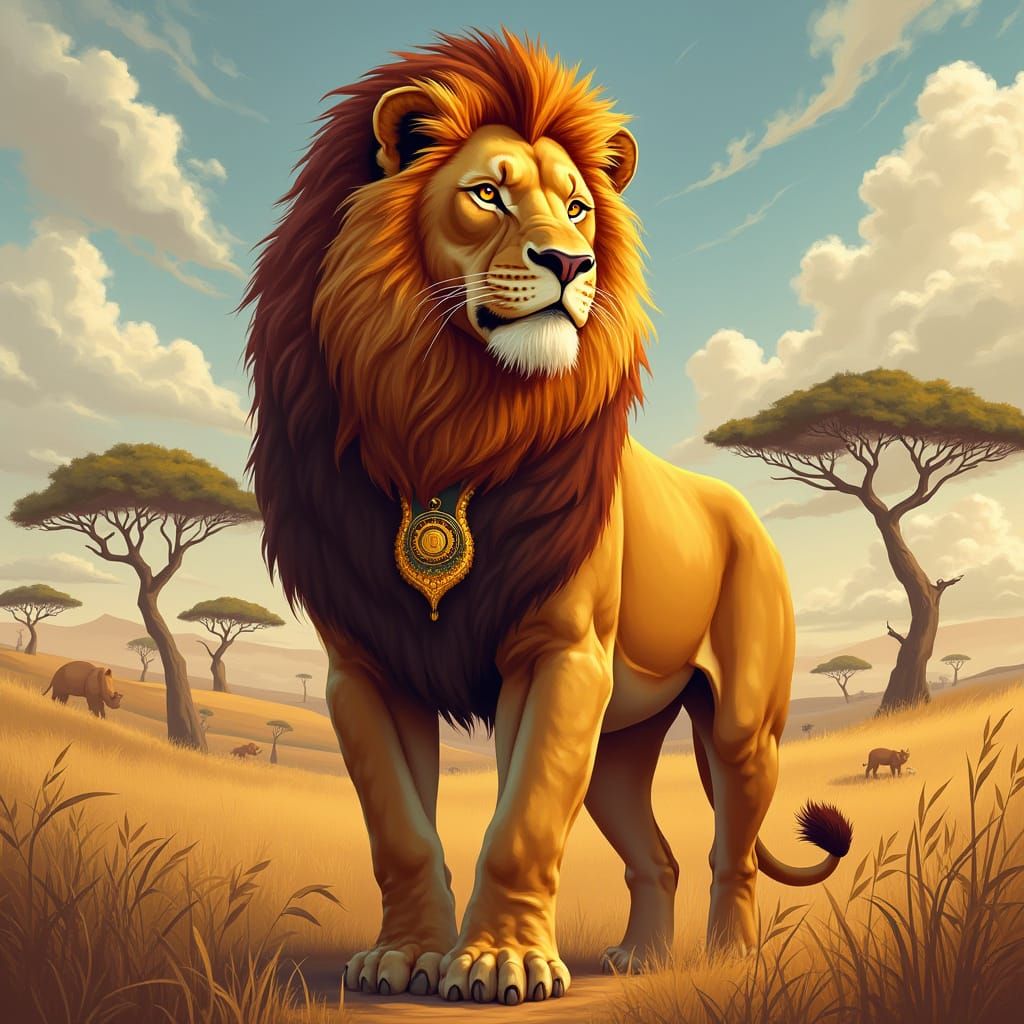 Majestic Lion with Golden Collar in Savannah