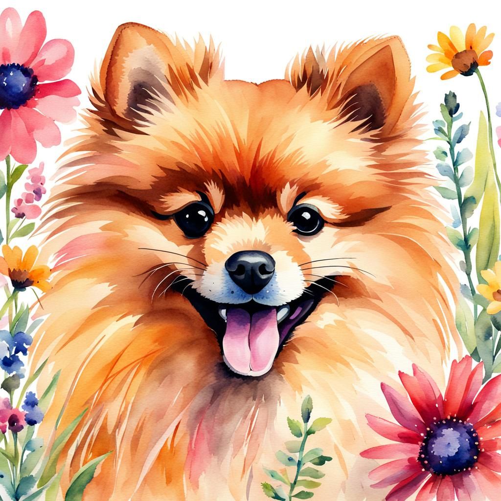 Whimsical Watercolor of a Cute Pomeranian Puppy