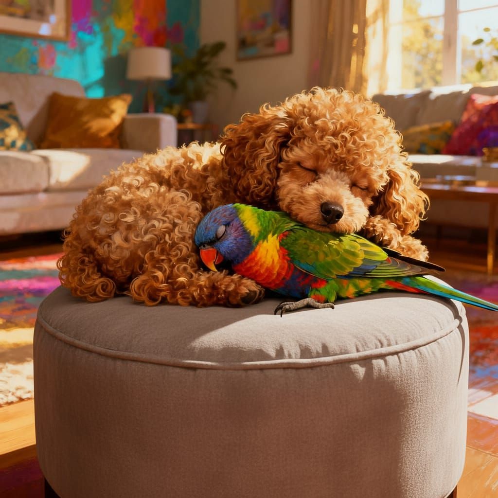 Fluffy Poodle Puppy and Lorikeet Sleeping Together