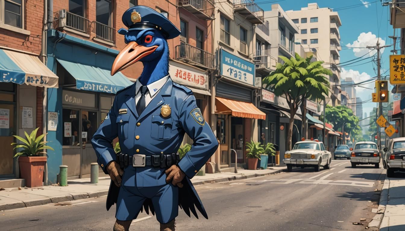 Cartoon Cassowary Cop on a Sunny Street