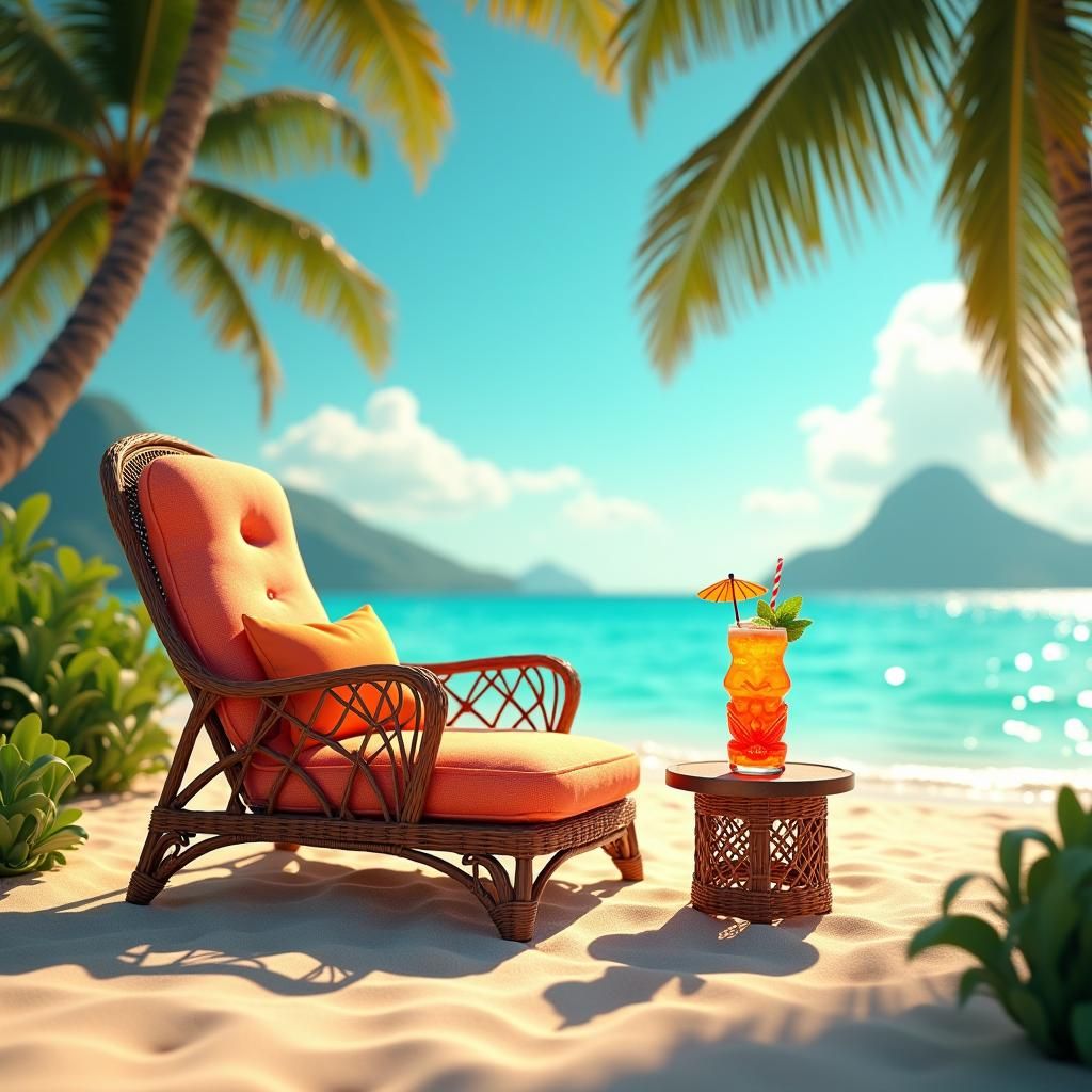 Lavish Beach Chair with Tiki Drink, Fantasy Art