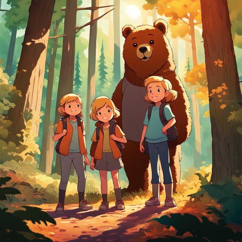 Children and Bear in Forest, Adventure Time Style
