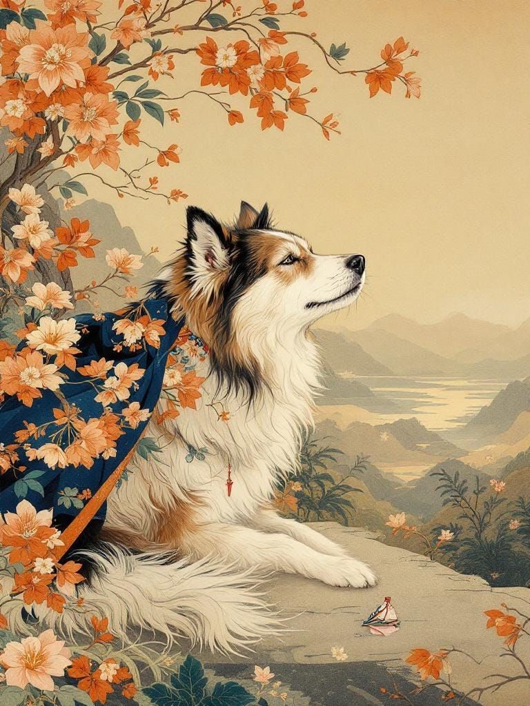 Dog in Sun, Ukiyo-e Style