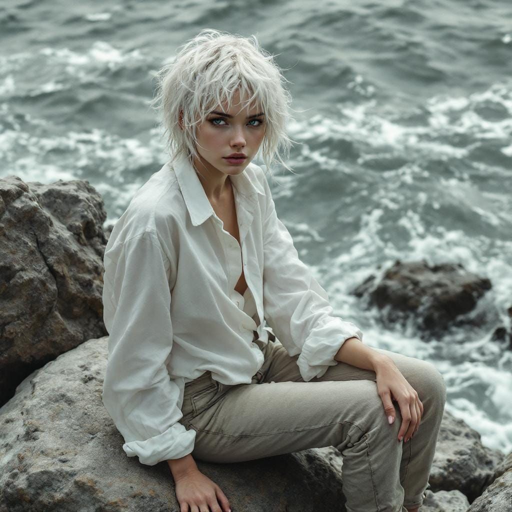 Albino Woman by the Sea, Hyperrealistic Style