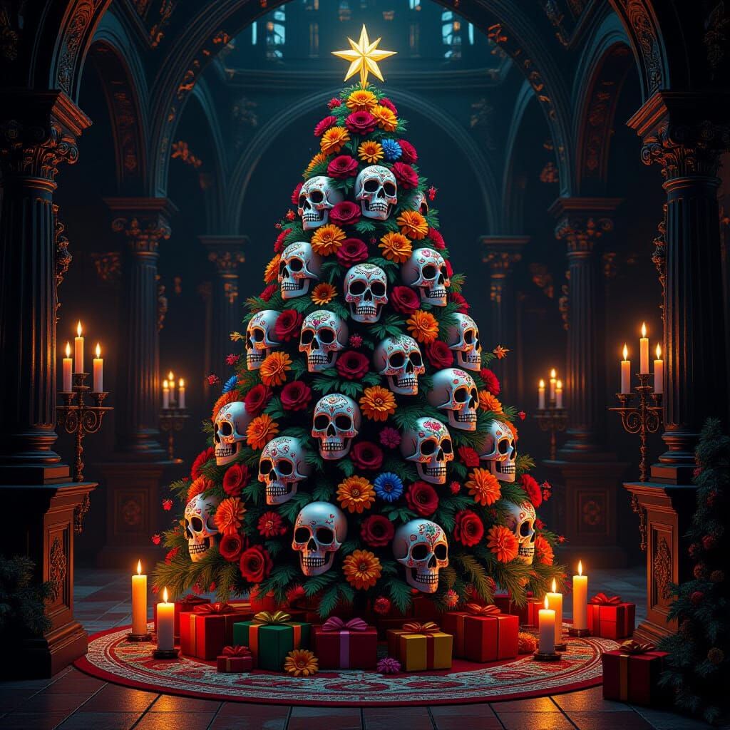 Ornate Day of the Dead Christmas Tree with Candlelight