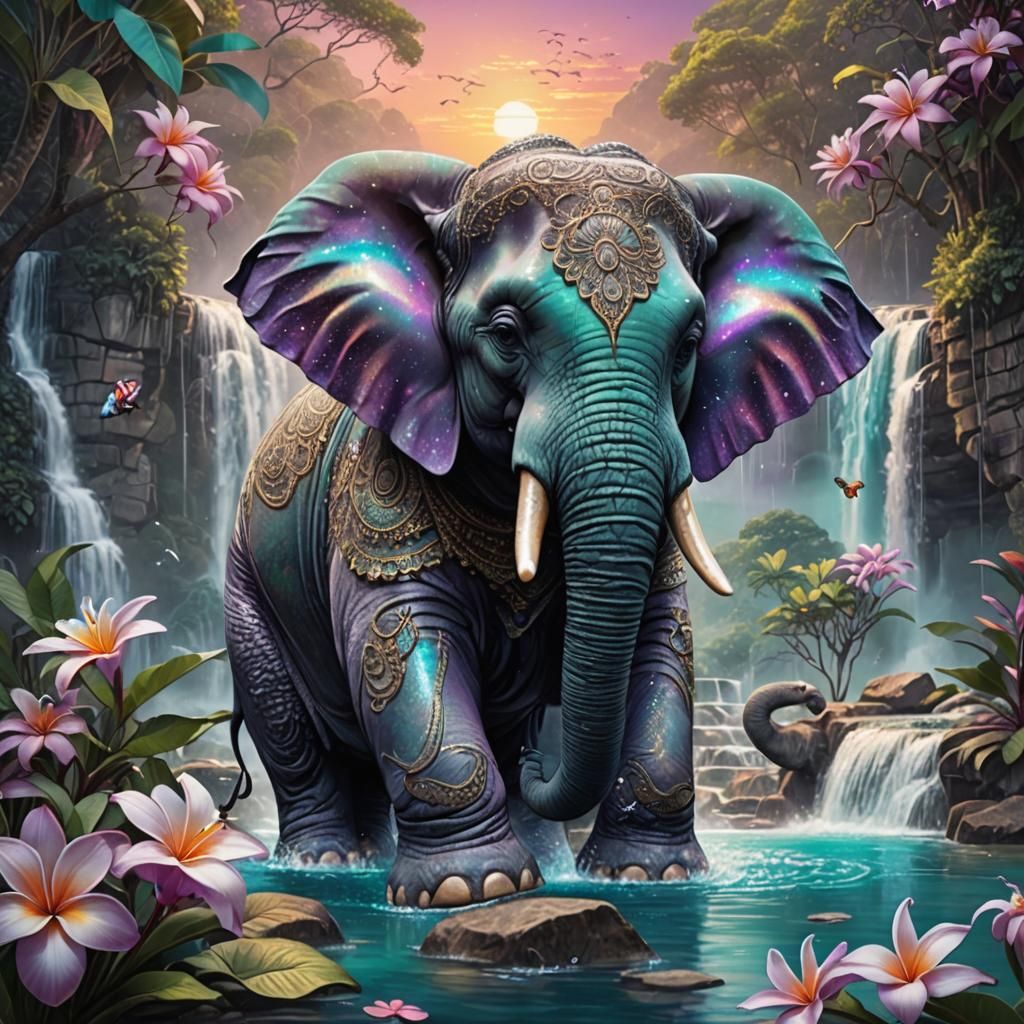 Thailand Waterfall Sunrise with Holographic Filigree