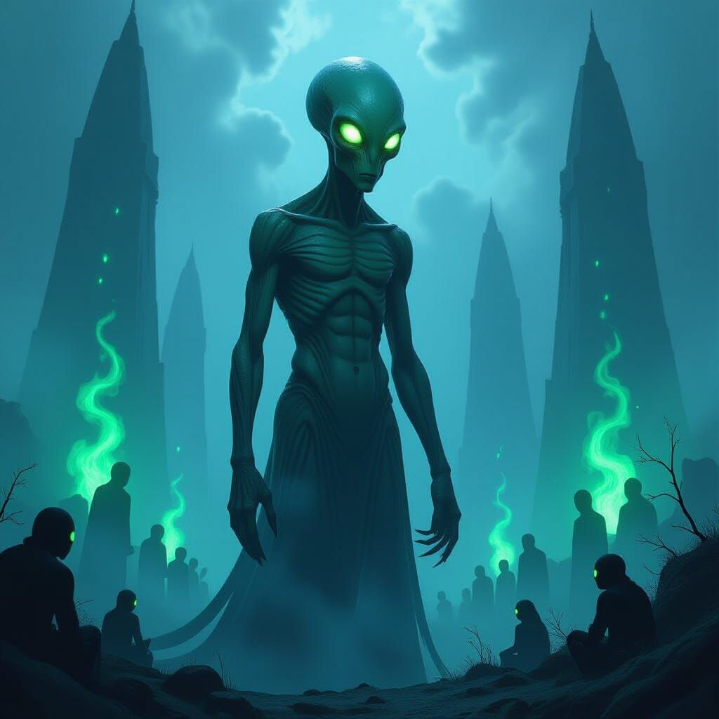 Alien Humanoid in Ethereal Landscape, Dark Fantasy Art