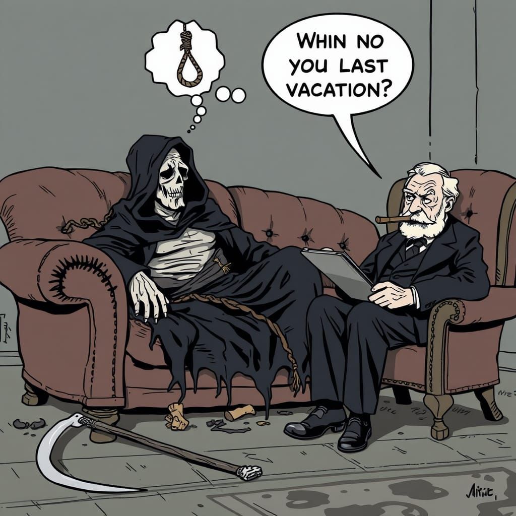 Grim Reaper's Therapy Session in Ligne Claire Style