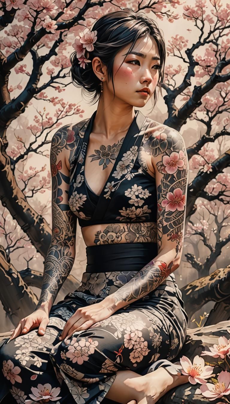 Japanese Model with Traditional Tattoos in Ink Art