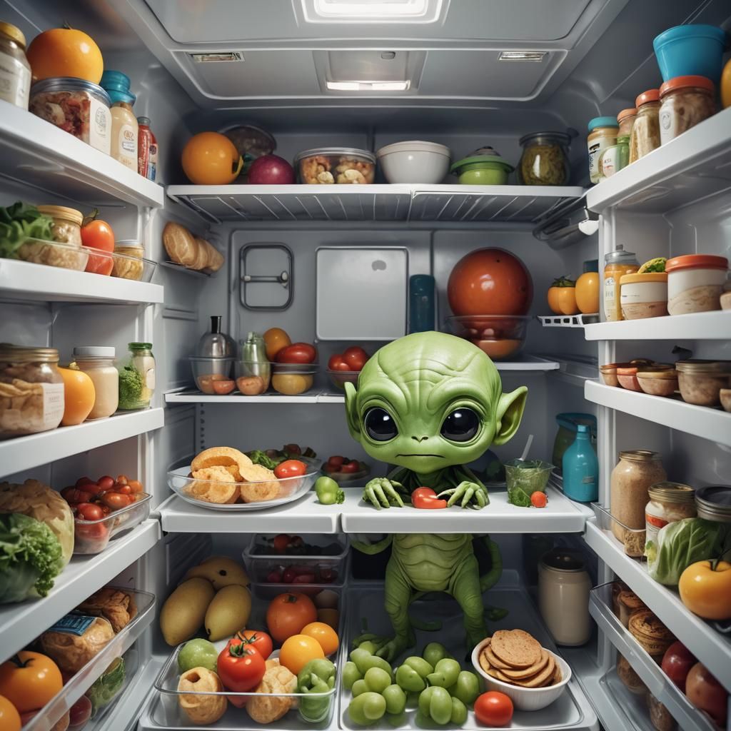 Cute Little Alien Eats Food in Fridge