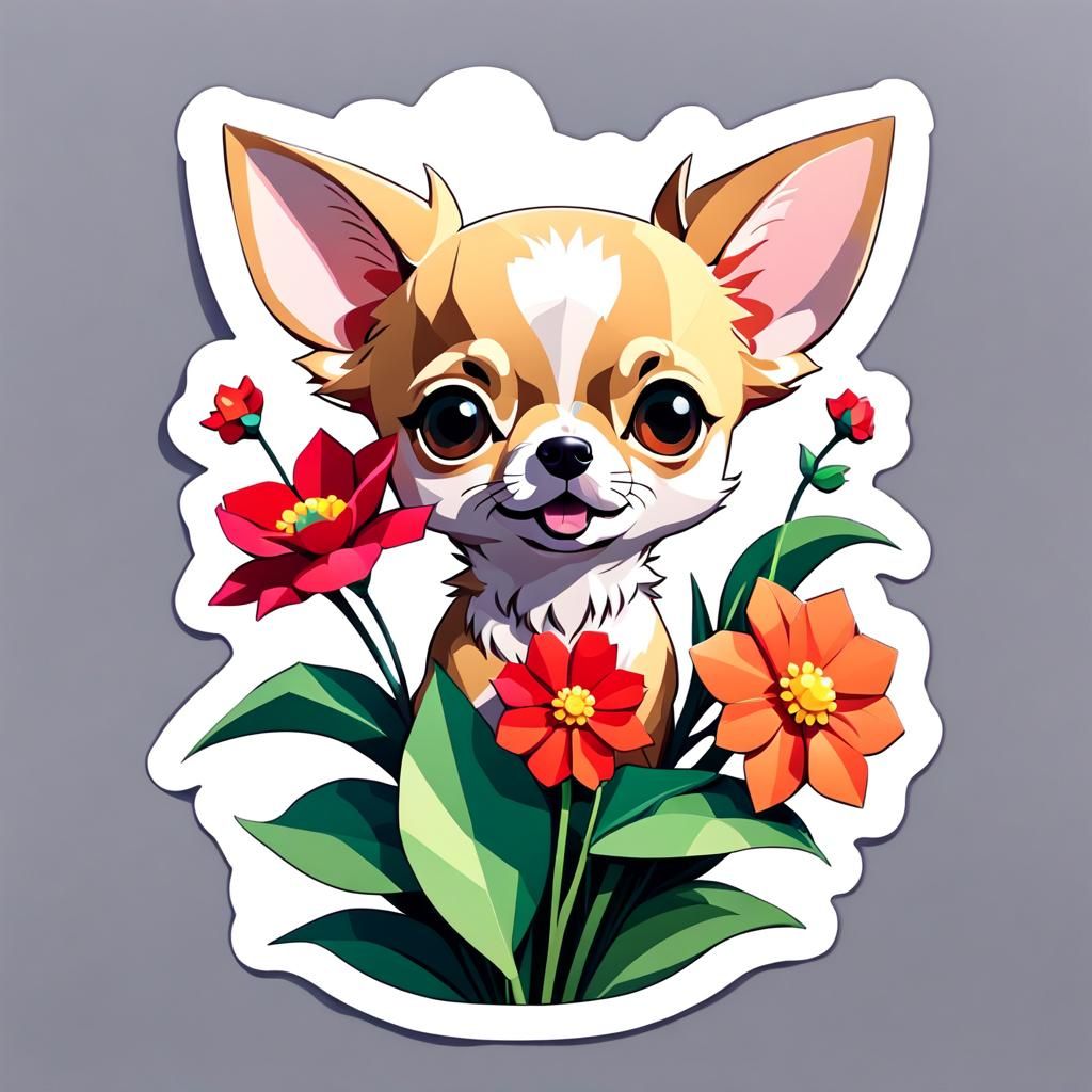 Chihuahua with Flower Sticker in Low Poly Style