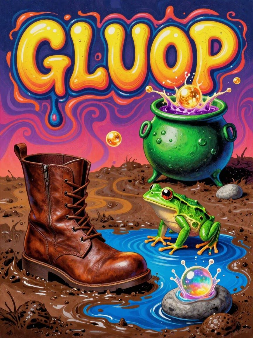 Psychedelic Art "GLUOP" with Mud, Frog, Jelly, and Potion