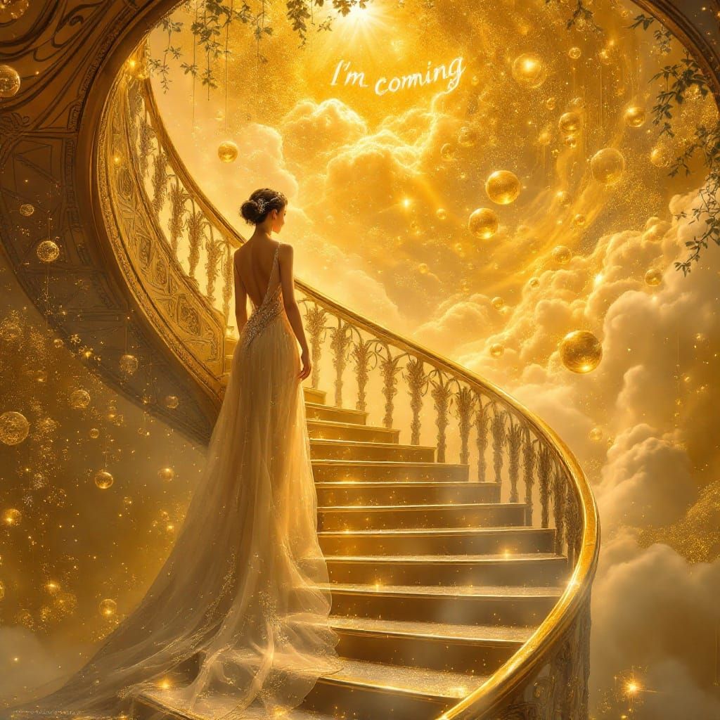 Ethereal Woman Ascends Golden Staircase to Heaven