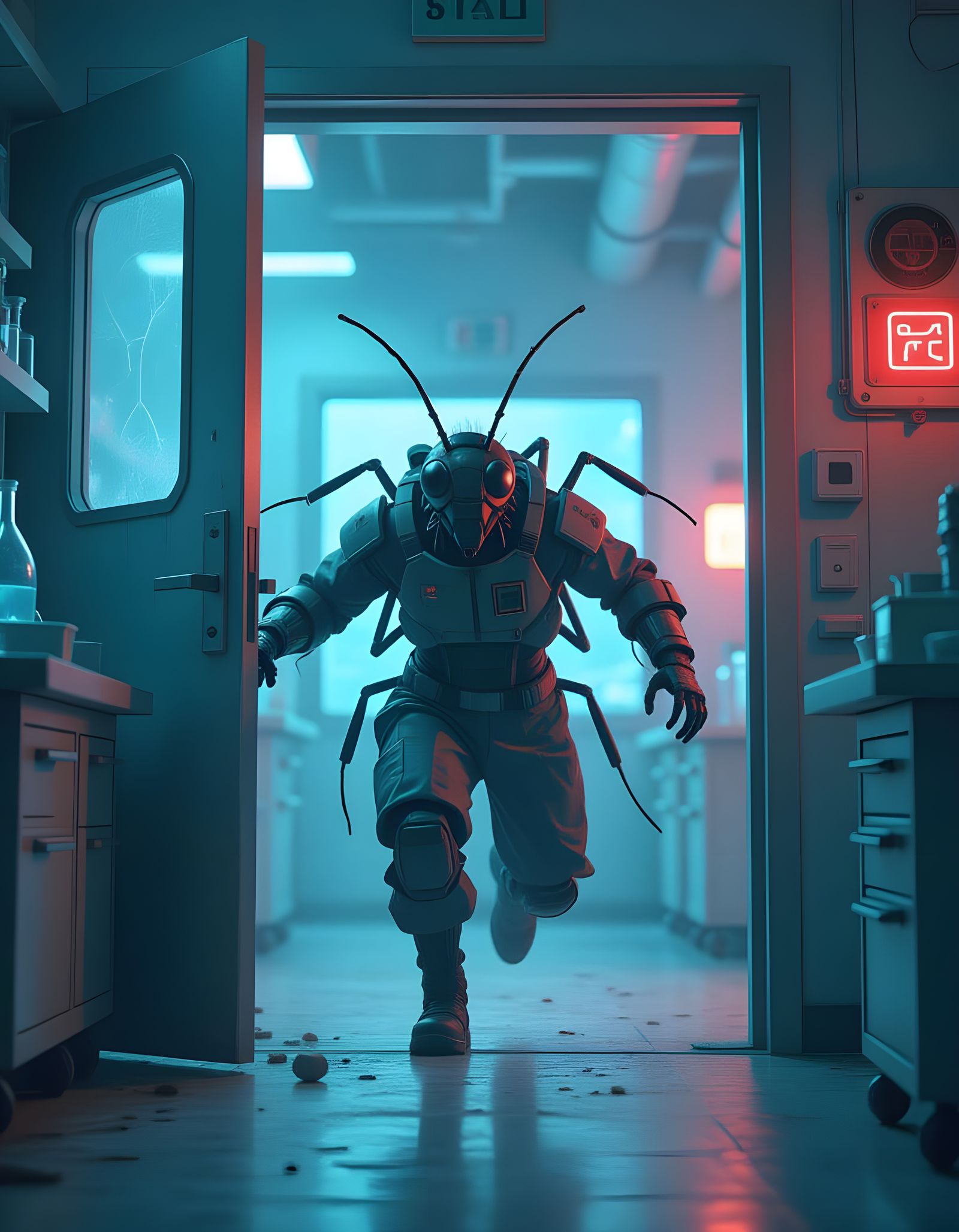 Bug Hybrid Escapes Lab in Dramatic Digital Painting