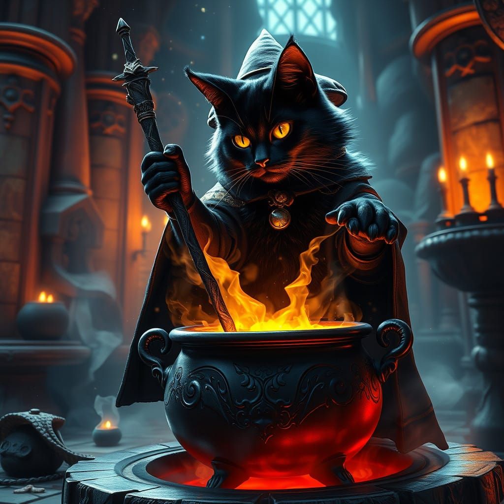 Wizard Black Cat Performs Magic in a Majestic Castle