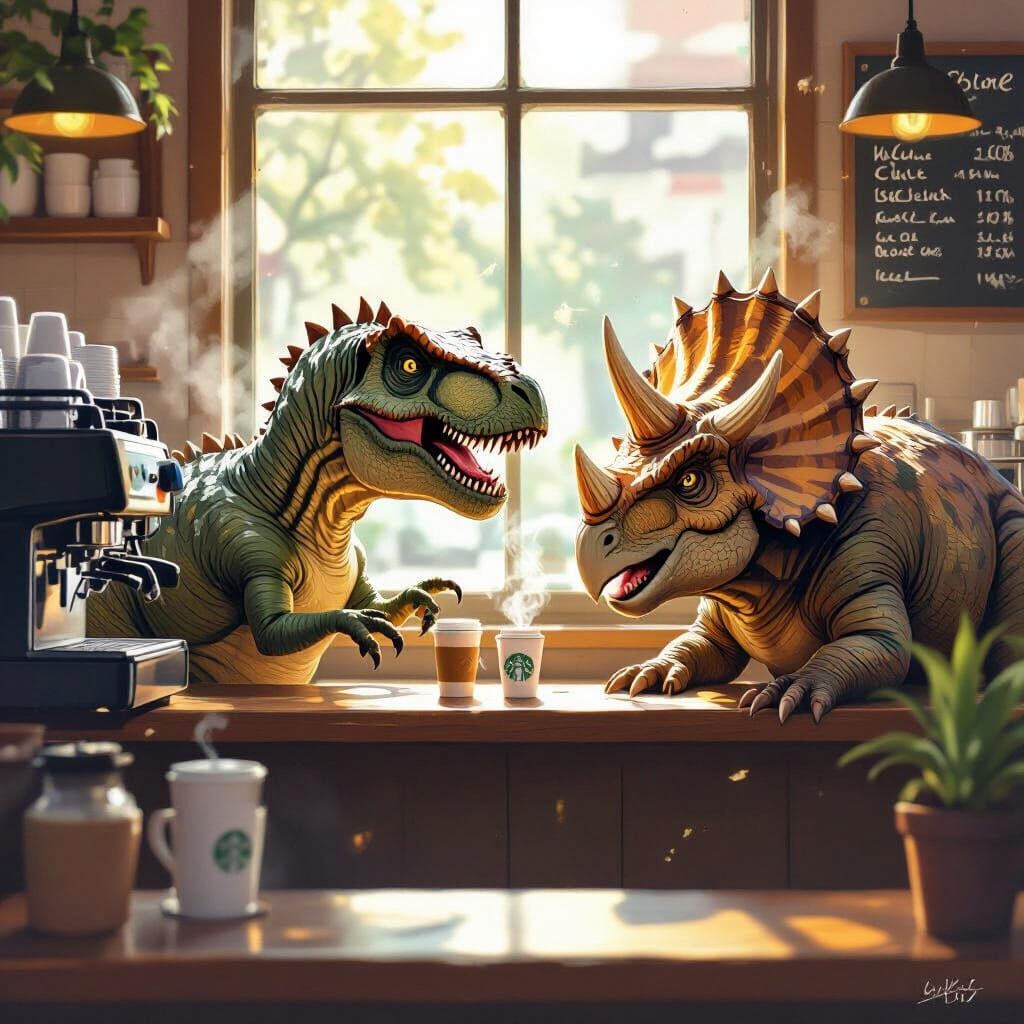 Dinosaurs Ordering Coffee at Starbucks in Digital Painting S...