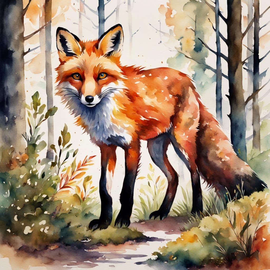 Whimsical Fox in Forest Landscape, Watercolor Illustration