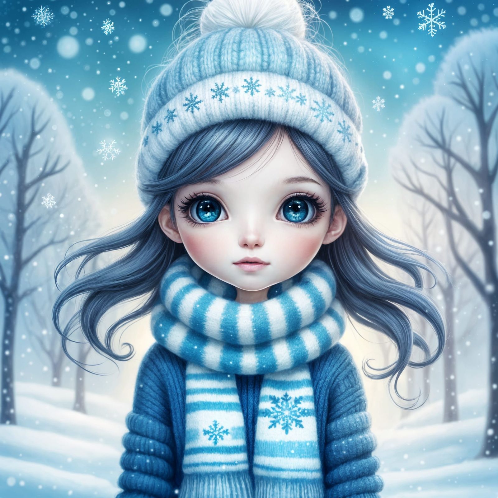 Chibi Girl in Winter Wonderland, Digital Illustration