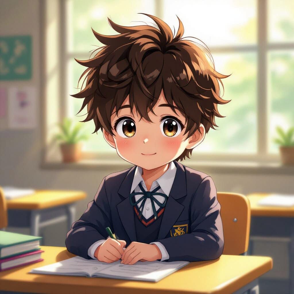 Cute Shota Manga Boy in Sunlit Classroom