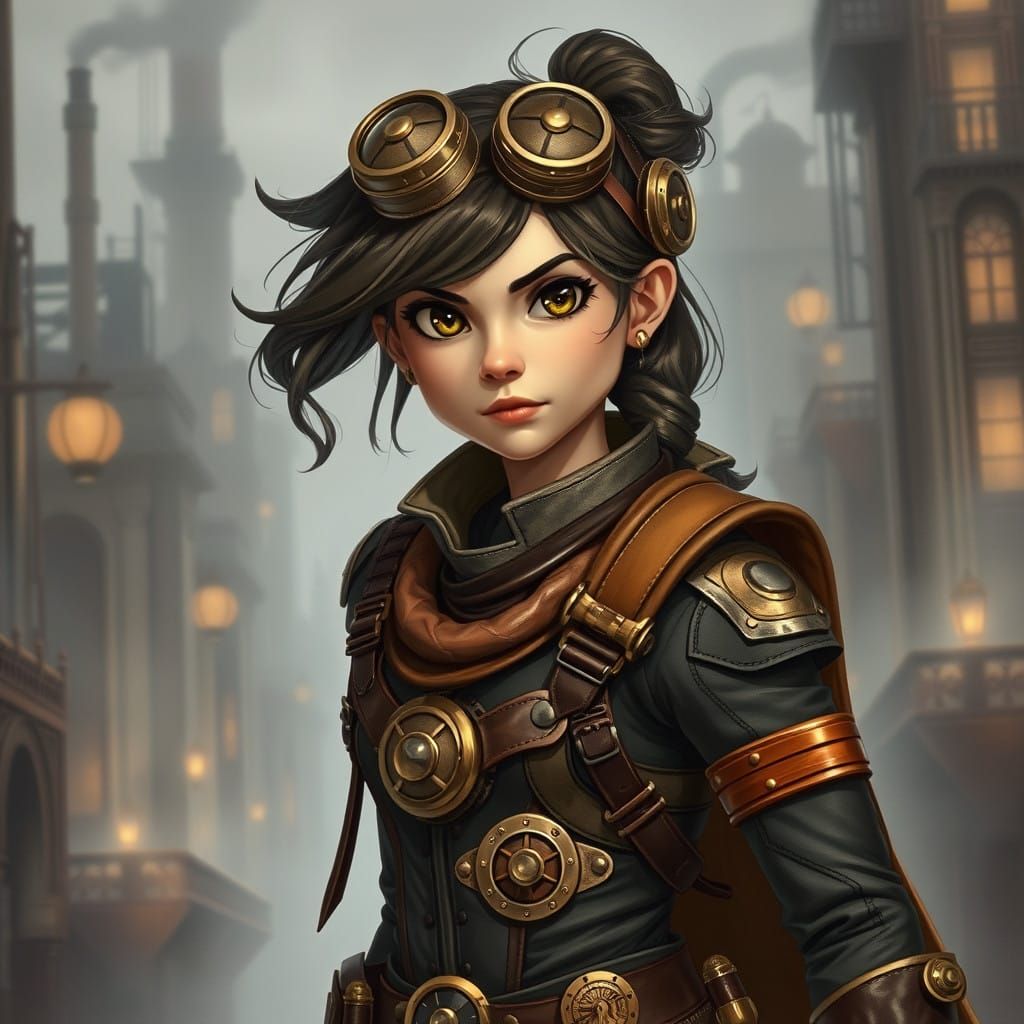 Steampunk Superheroine in Industrial Cityscape