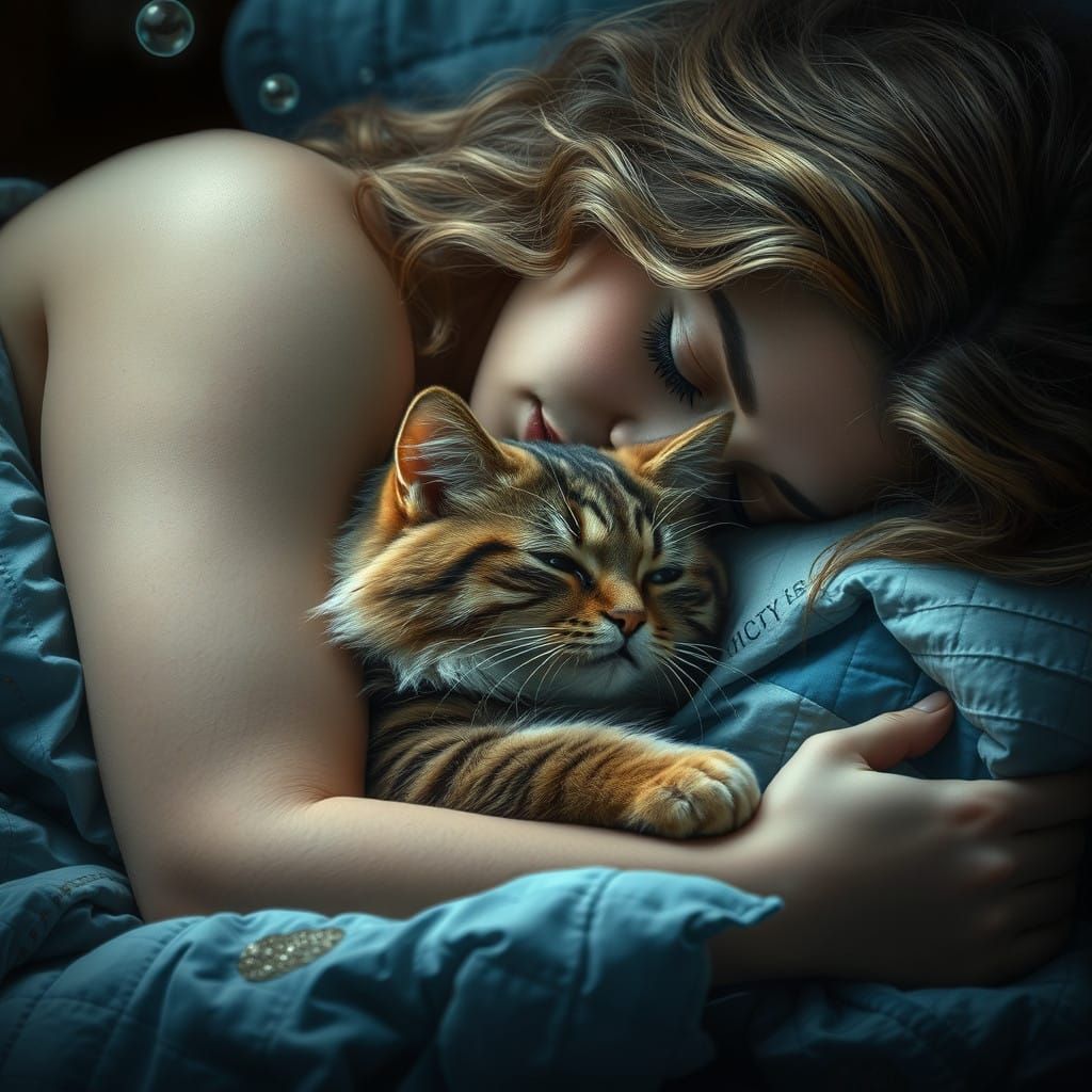 Ethereal Portrait of a Sleeping Woman with Persian Cat