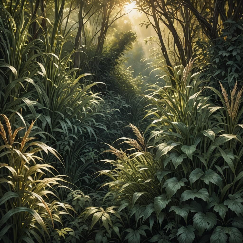 Photorealistic Thicket Illustration with Sunlight
