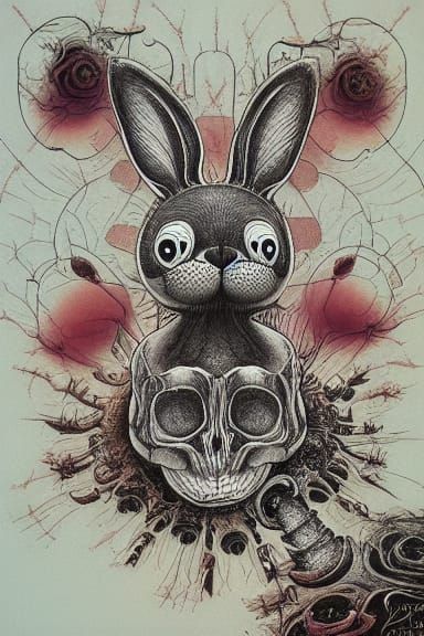 Surreal Abstract Bunny Skeleton in Mixed Media Style