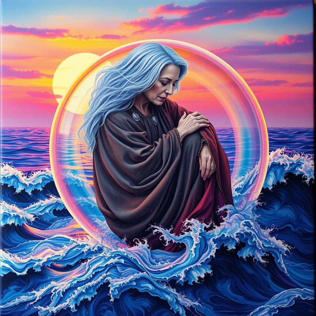 Woman in Bubble Above Stormy Sea, Dreamlike Illustration