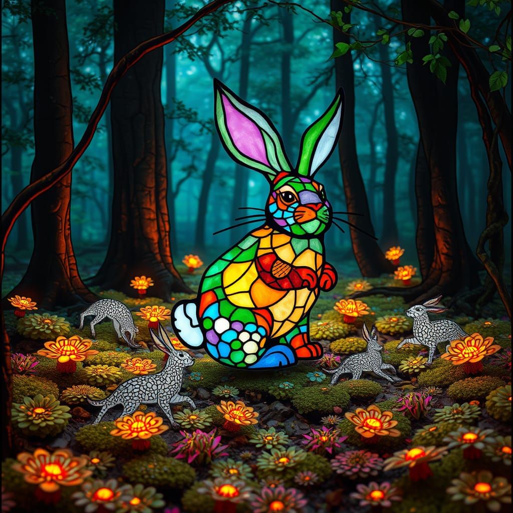 Stained Glass Bunny in Bioluminescent Forest