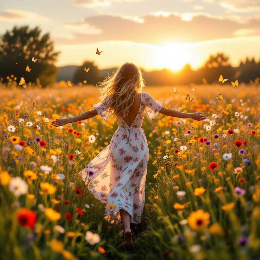 Woman in Wildflower Field at Golden Hour, Impressionistic St...