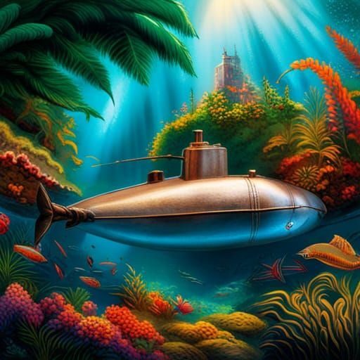 Submarine Descends in Biocarbonized Art Style