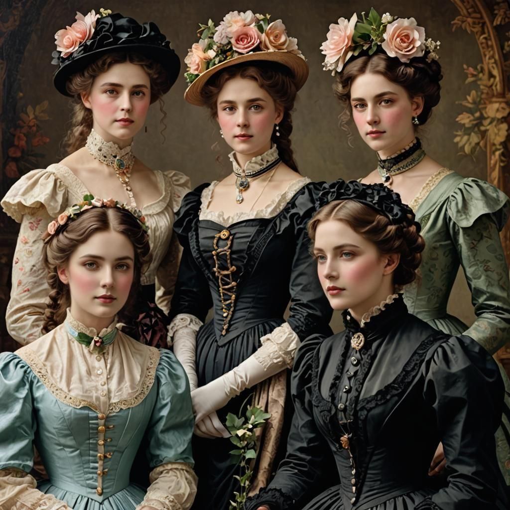 Victorian Women in a Lush Garden