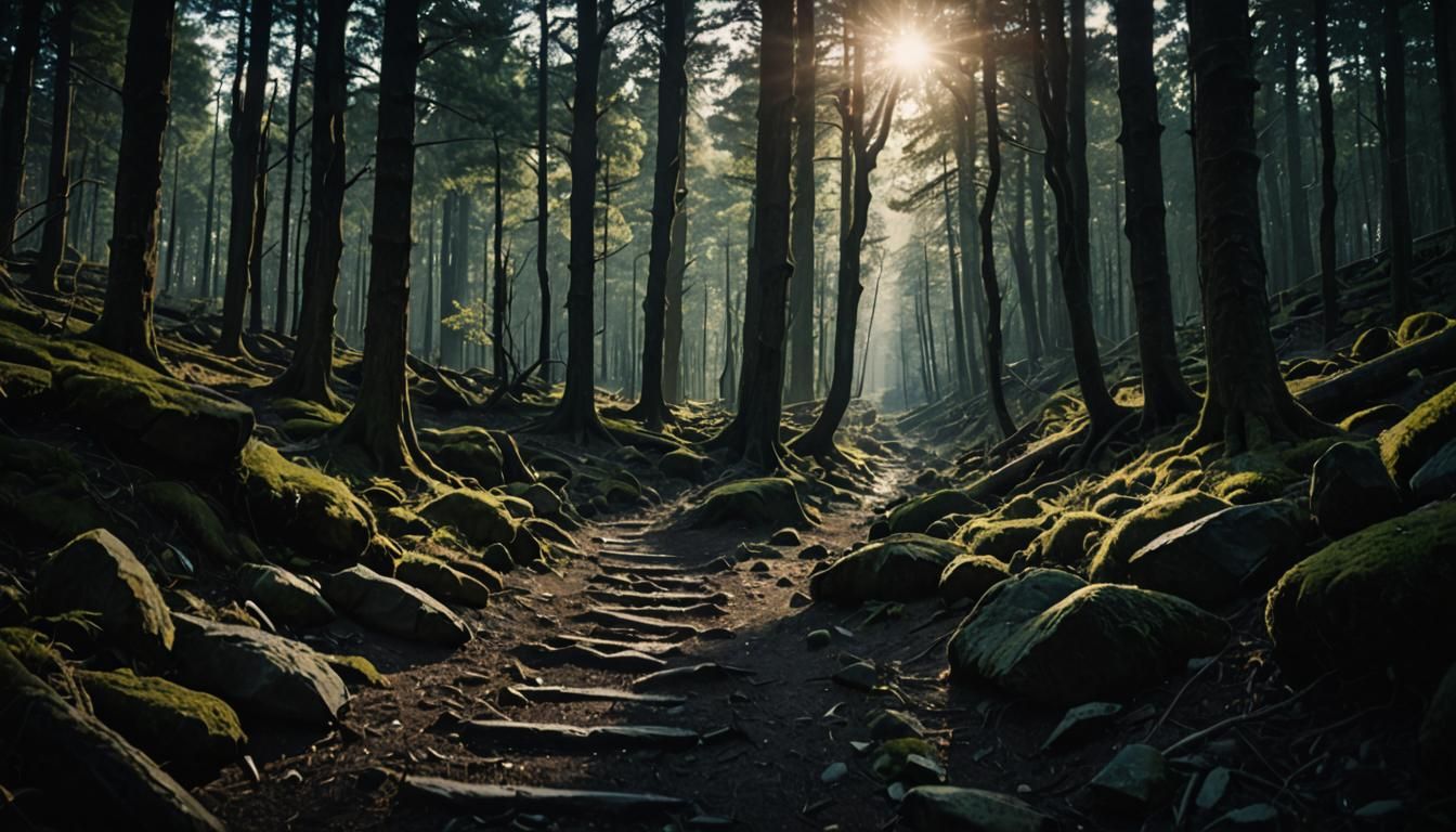 Sunlit Path Through a Sinister Forest
