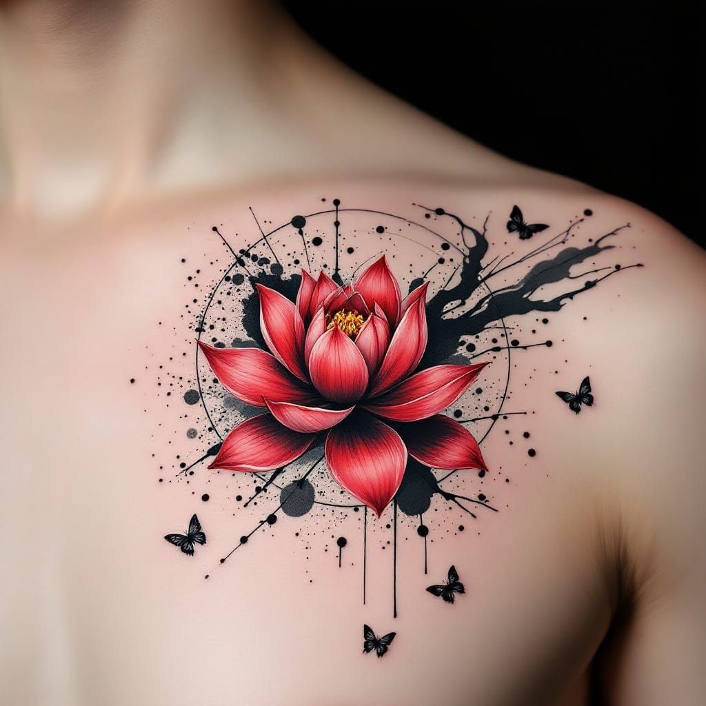 Bold, Expressive Tattoo Art Featuring a Red Lotus Flower