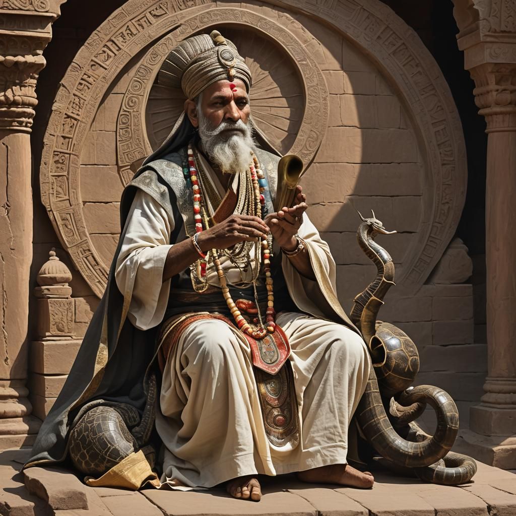 Mystical Swami Charms Cobra with Ancient Horn