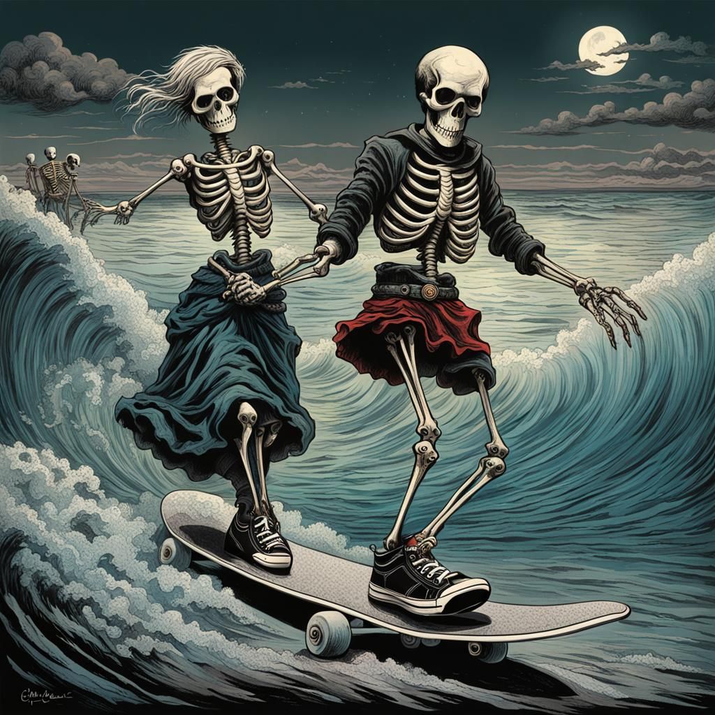 Punk Rock Skeletons Skateboarding in Ocean Carnival