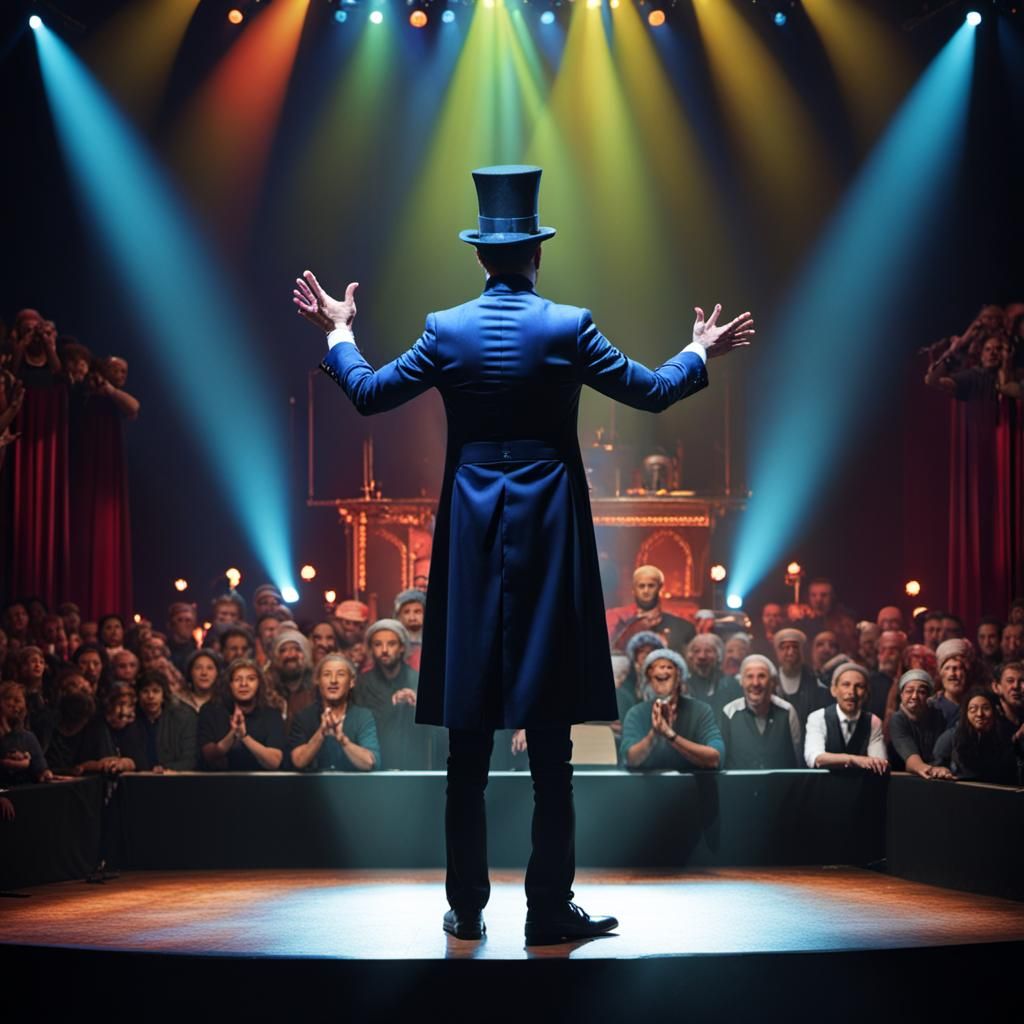 Magician on Stage in Lighted Theater