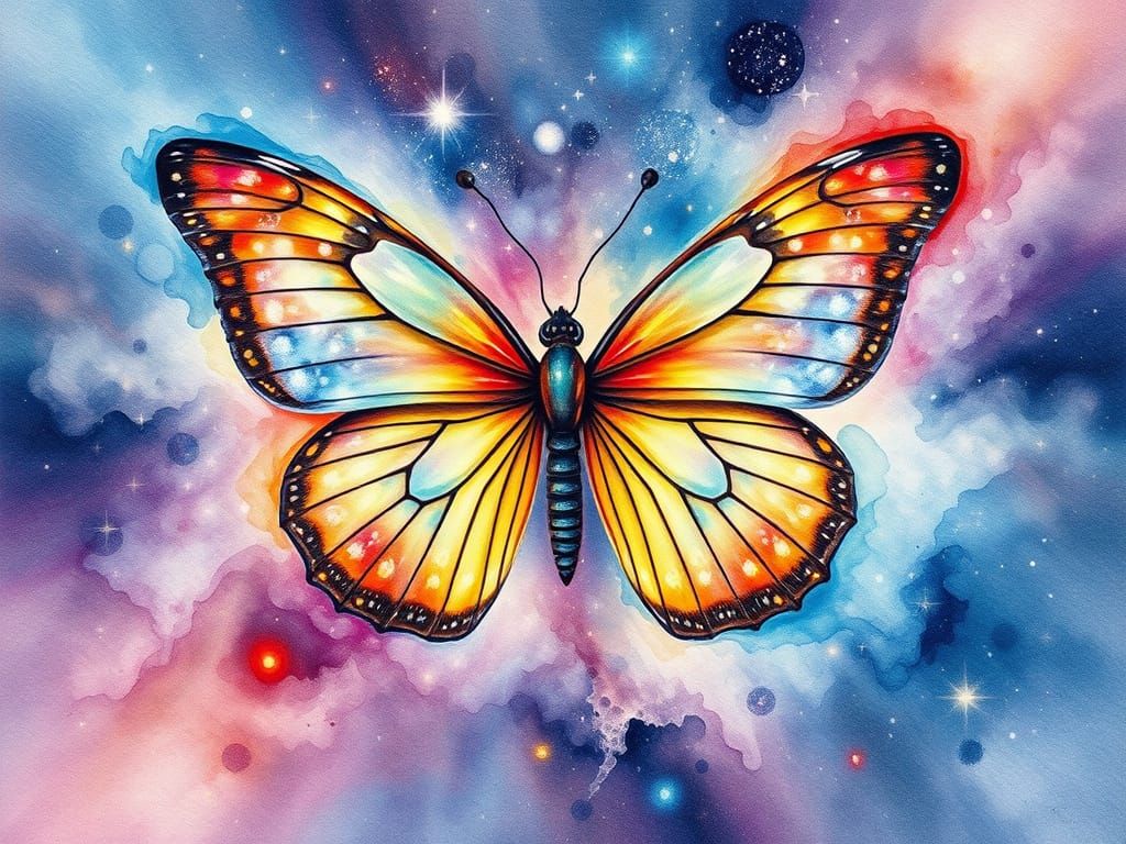 Cosmic Butterfly Unfolds in Delicate Watercolor Layers